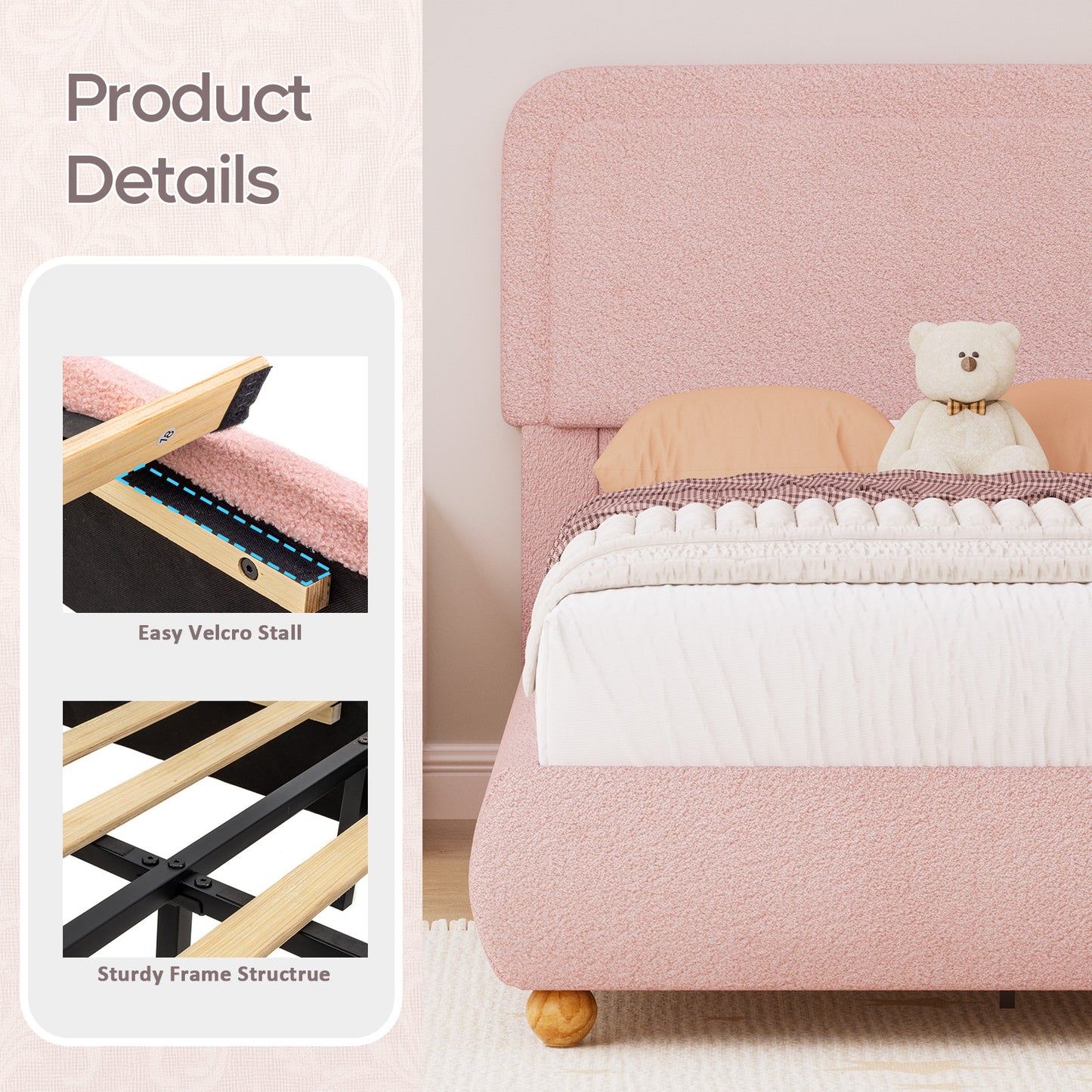 Brafabhome Twin Size Bed Frame with Round Corner Headboard, Soft Boucle Cloud Upholstered Fluffy Platform Bed with Bump-Proof Edge Footboard for Kids, No Box Spring Needed | Pink