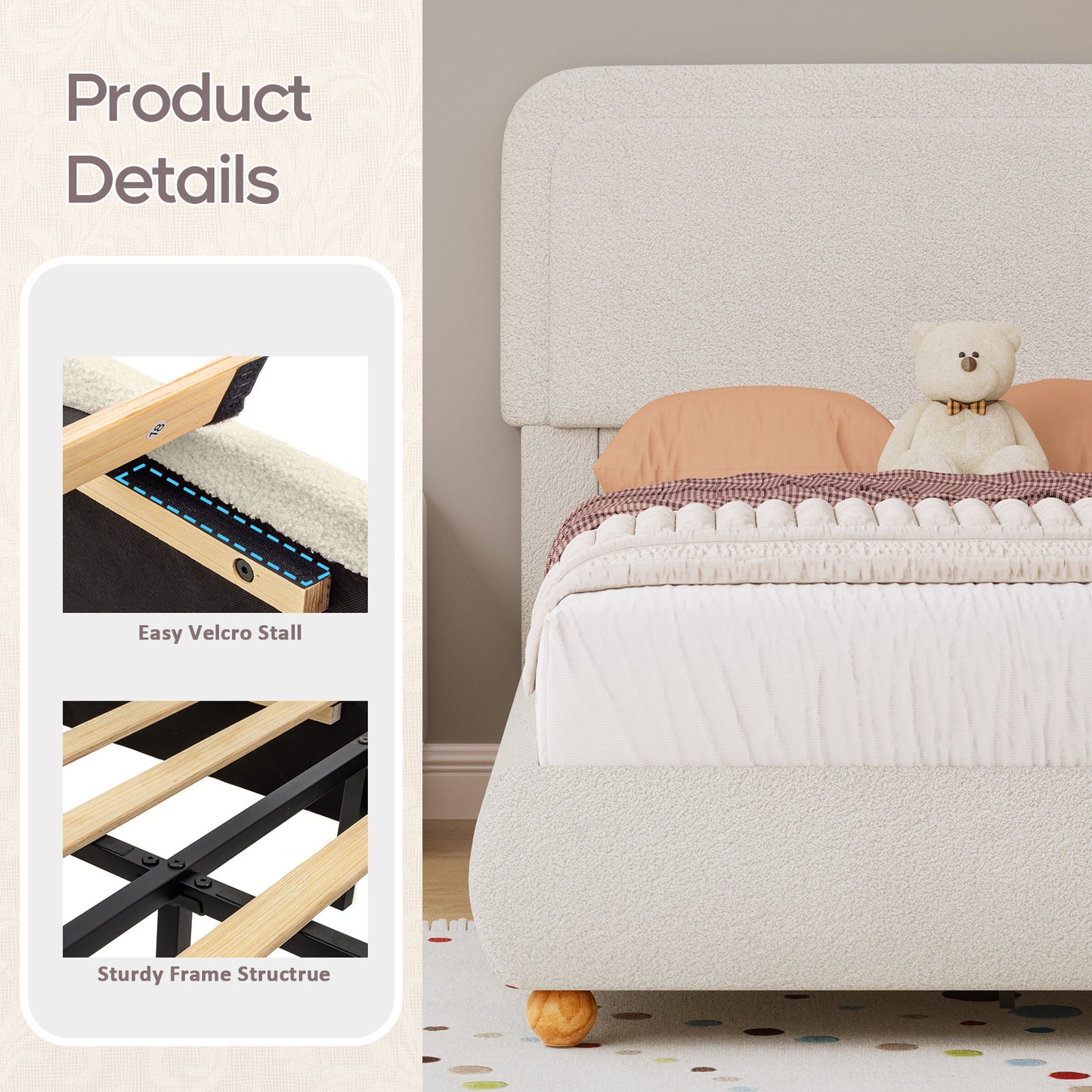 Brafabhome Twin Size Bed Frame with Round Corner Headboard, Soft Boucle Cloud Upholstered Fluffy Platform Bed with Bump-Proof Edge Footboard for Kids, No Box Spring Needed | Pink
