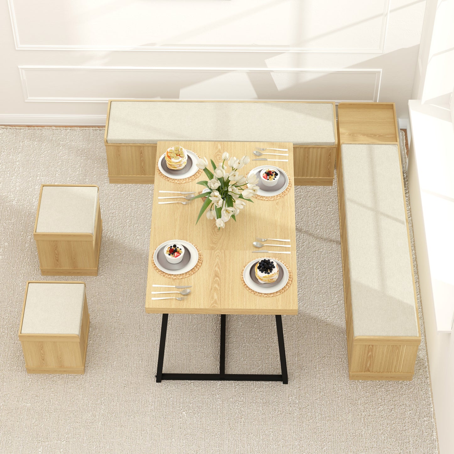 Brafabhome 6 PCS Dining Table Set with Storage Bench, Modern Corner Breakfast Nook with Cushions Stool for 6, Suitable for Kitchen and Dining Room