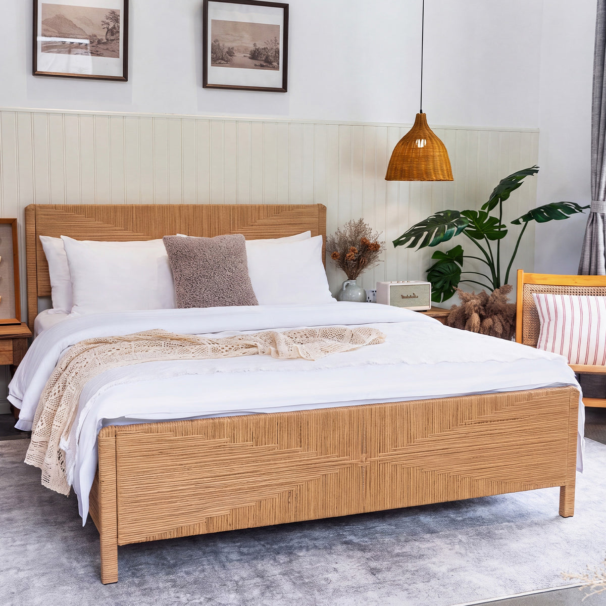 Brafabhome Bed Frame with Headboard and Footboard, Boho 3D Hand-Woven PE Rattan Bed Frame with Metal Slats, No Box Spring Needed, 1000 lbs