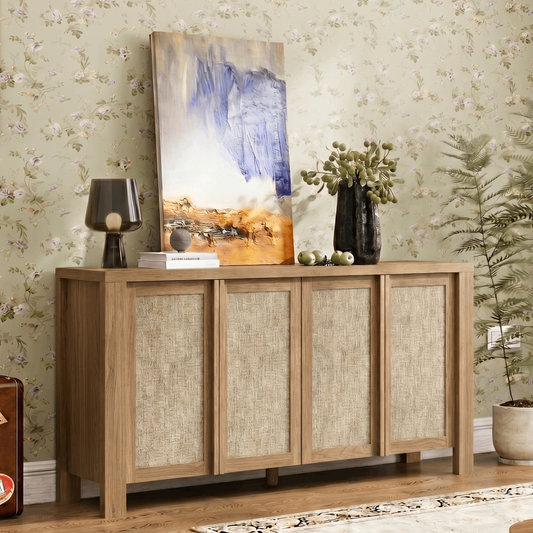 Brafabhome 63" Wide Sideboard with Solid Wood Handles, 4 Doors Buffet Cabinet with Storage Shelf for Living Room, Dining Room, Entryway