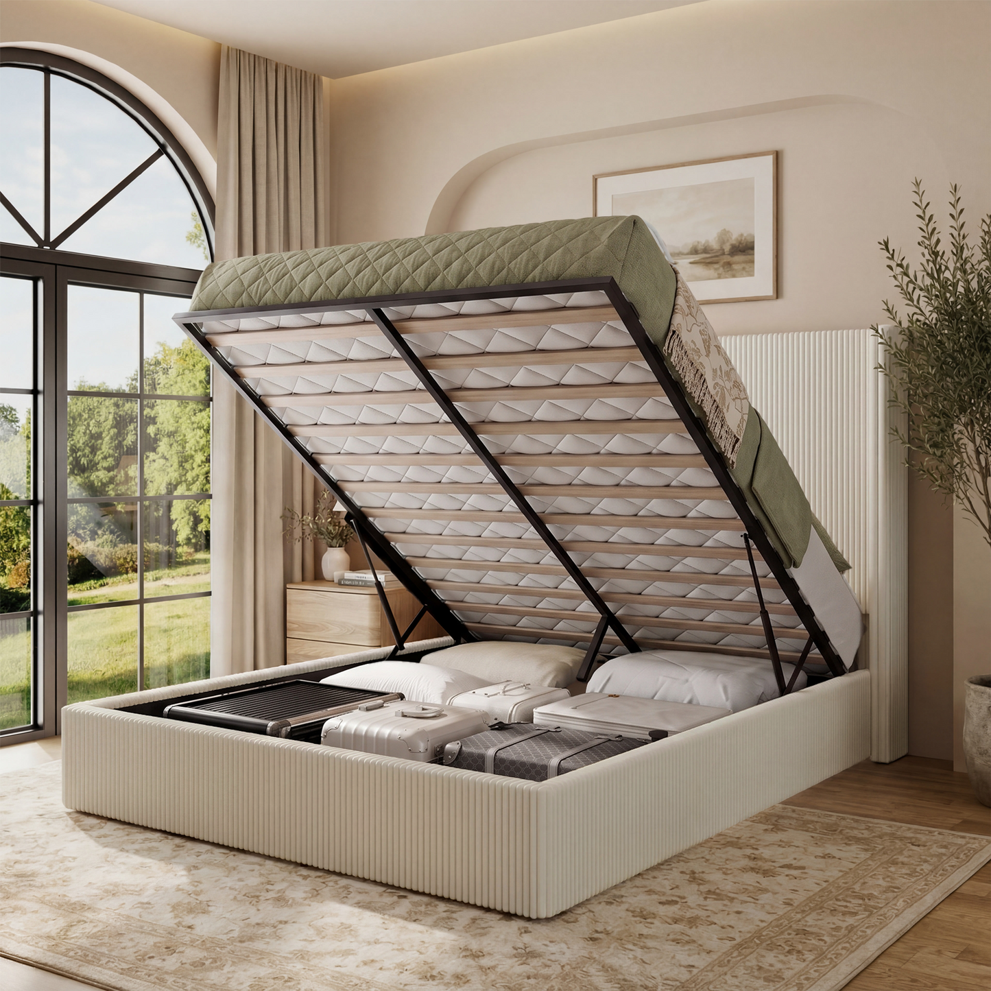 Brafabhome Bed Frame with Lift Up Storage, Corduroy Upholstered Platform Bed with 51.2" Tall Wingback Headboard, No Box Spring Needed | Beige