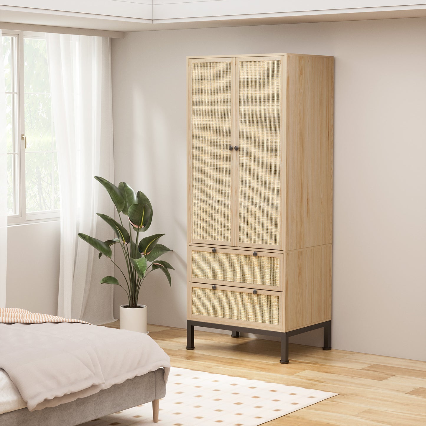Brafabhome Farmhouse Wood Armoire Wardrobe Closet with 2 Doors, 71" Tall Freestanding Wardrobe Clothes Cabinet with Drawers and Hanging Rod for Bedroom