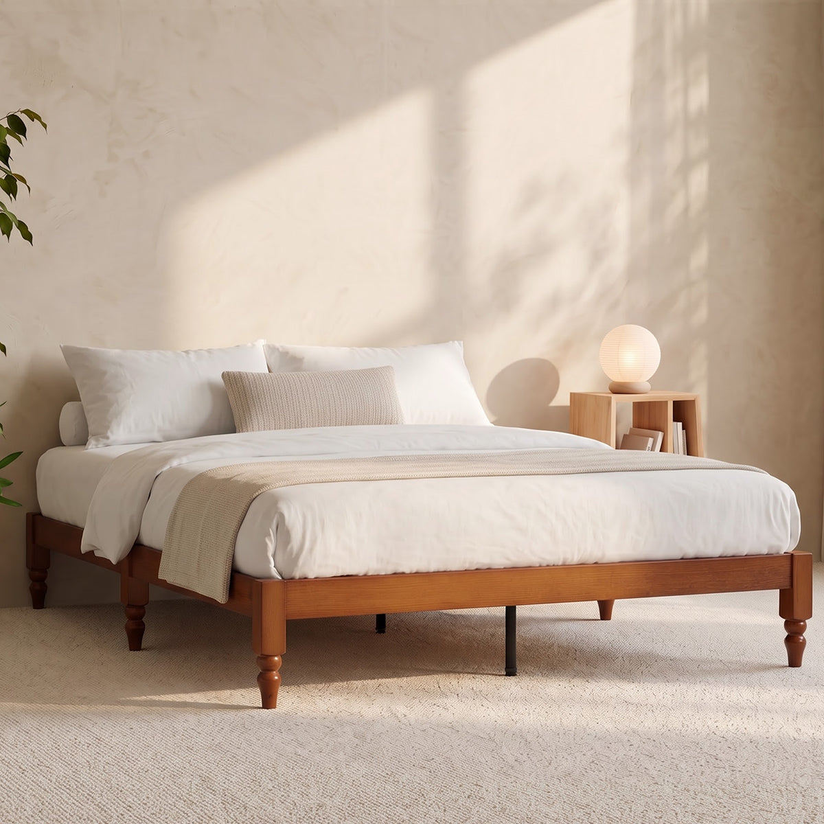 Brafabhome Solid Wood Platform Bed Frame with Turned Legs, Double-Lock Mortise & Tenon Platform Bed with Sturdy Solid Slats, Quiet Sleep, No Box Spring, No-Screw 15-Minute Set Up