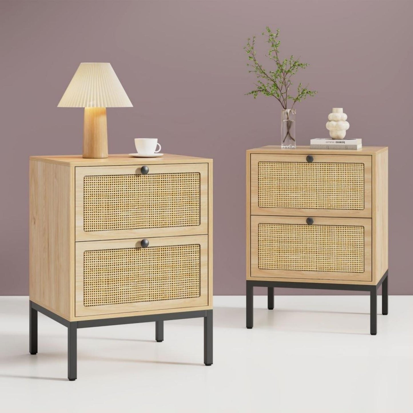brafabhome Bohemian Rattan Nightstand Set of 2, Wood Bedside Table with Drawers for Bedroom Living Room, Beige