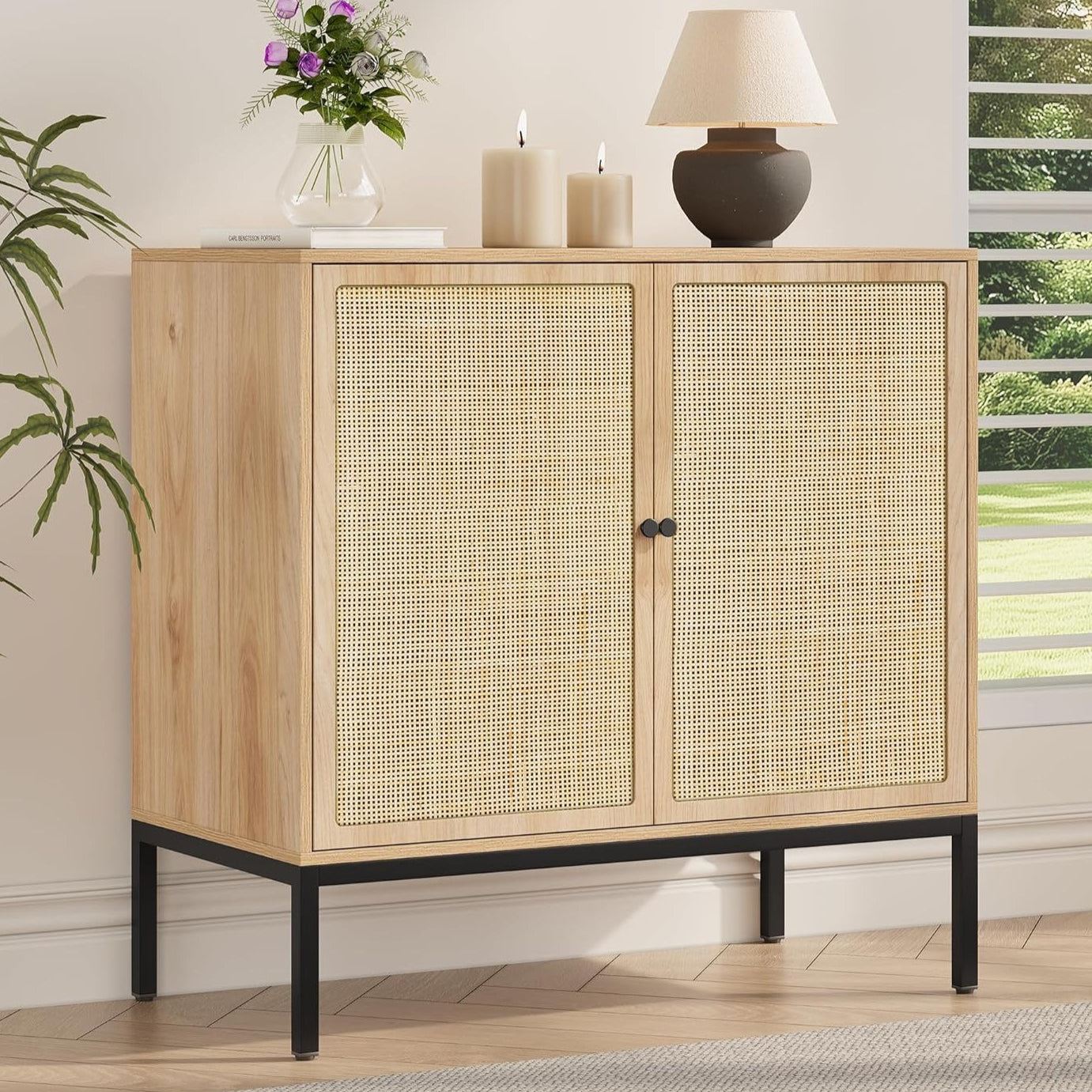 Brafabhome Sideboard Storage Cabinet with Handmade Natural Rattan Doors, Buffet Cabinet with Storage Shelf for Living Room, Dining Room, Entryway, Kitchen