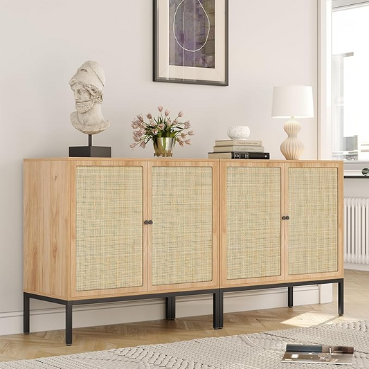 Brafabhome Sideboard Storage Cabinet with Handmade Natural Rattan Doors, Buffet Cabinet with Storage Shelf for Living Room, Dining Room, Entryway, Kitchen