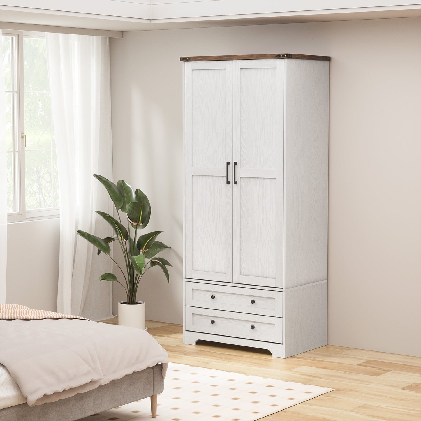 Brafabhome Farmhouse Wood Armoire Wardrobe Closet with 2 Doors, 71" Tall Freestanding Wardrobe Clothes Cabinet with Drawers and Hanging Rod for Bedroom