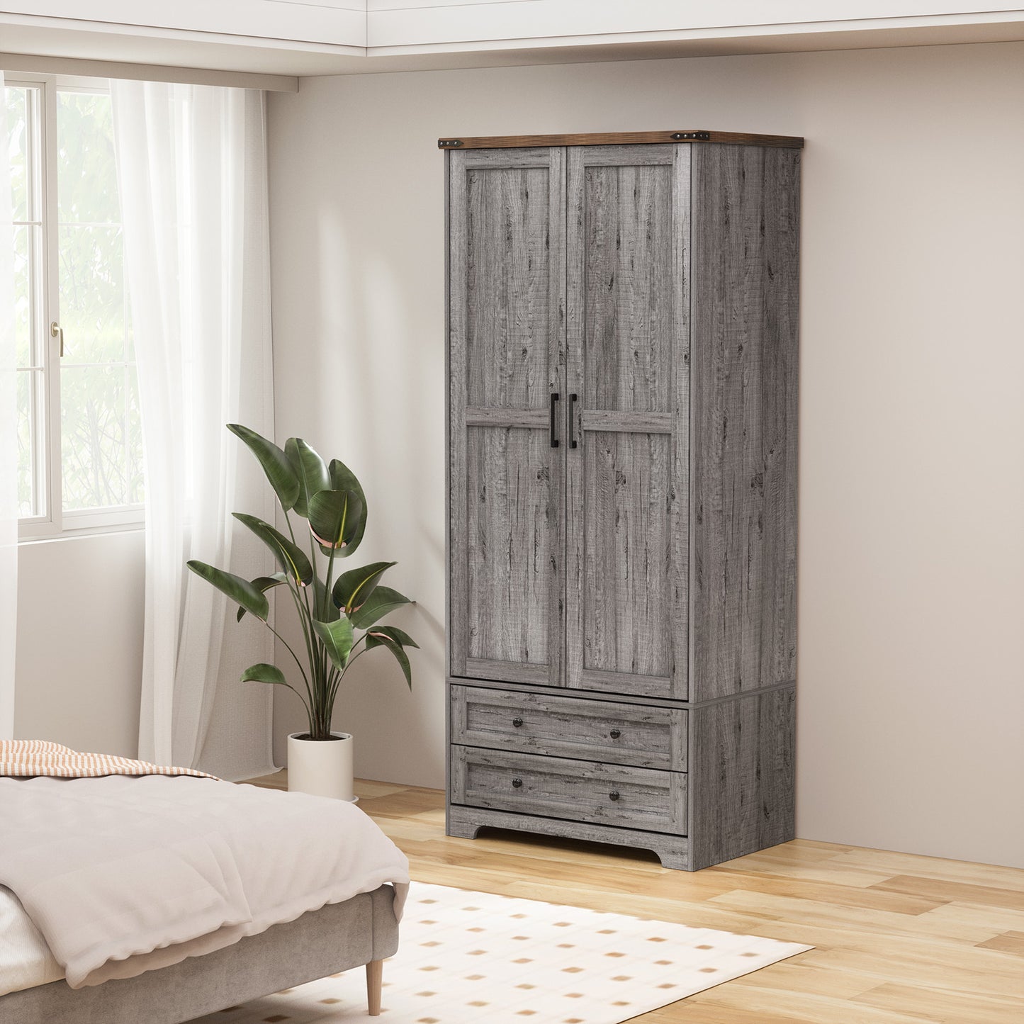 Brafabhome Farmhouse Wood Armoire Wardrobe Closet with 2 Doors, 71" Tall Freestanding Wardrobe Clothes Cabinet with Drawers and Hanging Rod for Bedroom