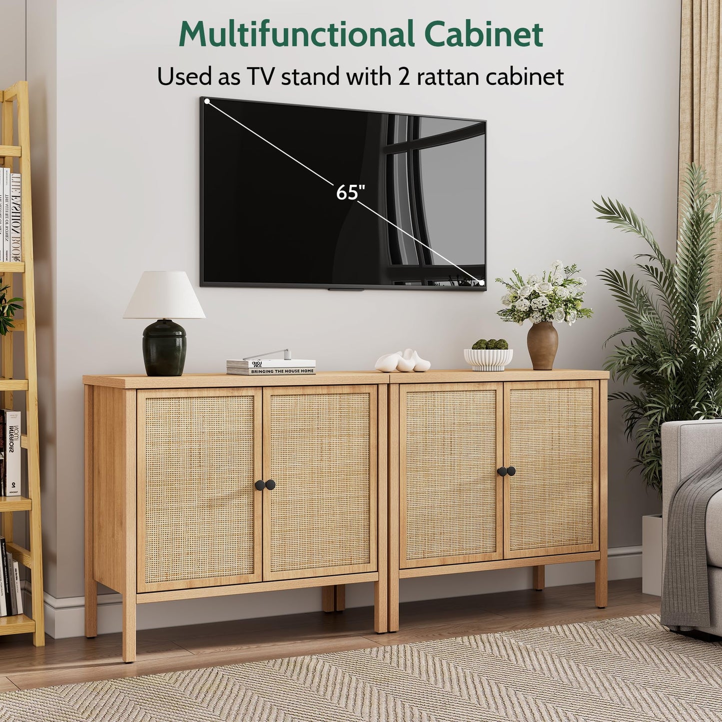 Brafabhome Rattan Cabinet with Adjustable Shelves, Sideboard Buffet Cabinet with Storage, Accent Console Cabinet Credenza for Living Room Dining Room Entryway, Natural