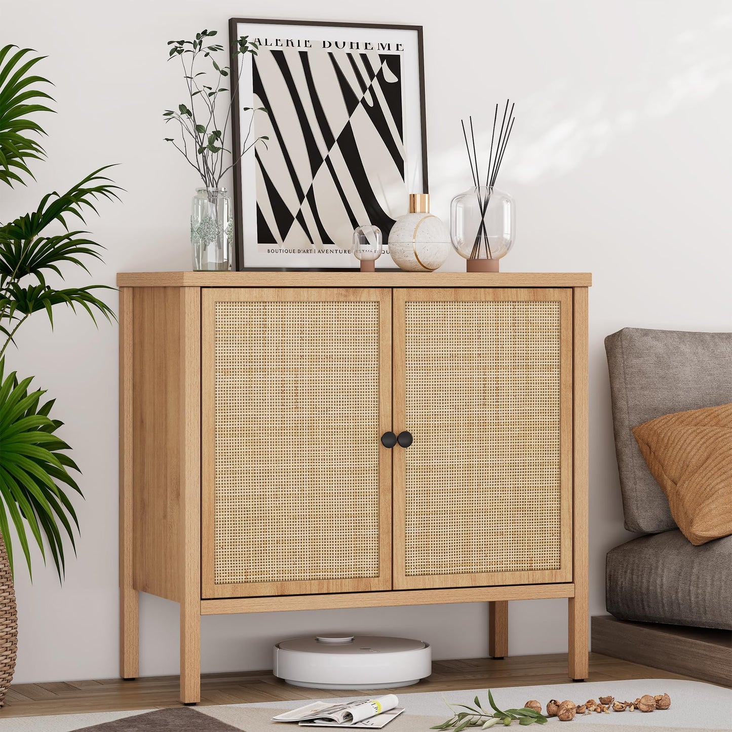 Brafabhome Rattan Cabinet with Adjustable Shelves, Sideboard Buffet Cabinet with Storage, Accent Console Cabinet Credenza for Living Room Dining Room Entryway, Natural