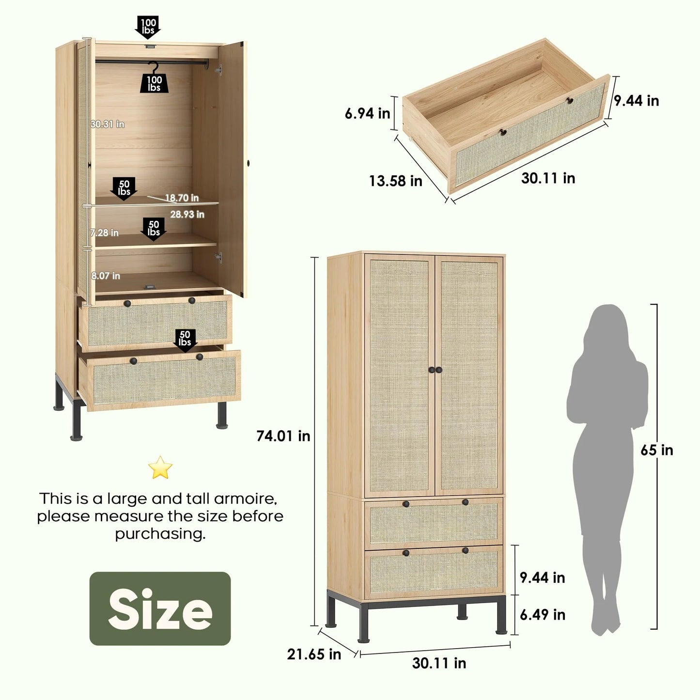 71" Modern Wooden Armoire Wardrobe Closet