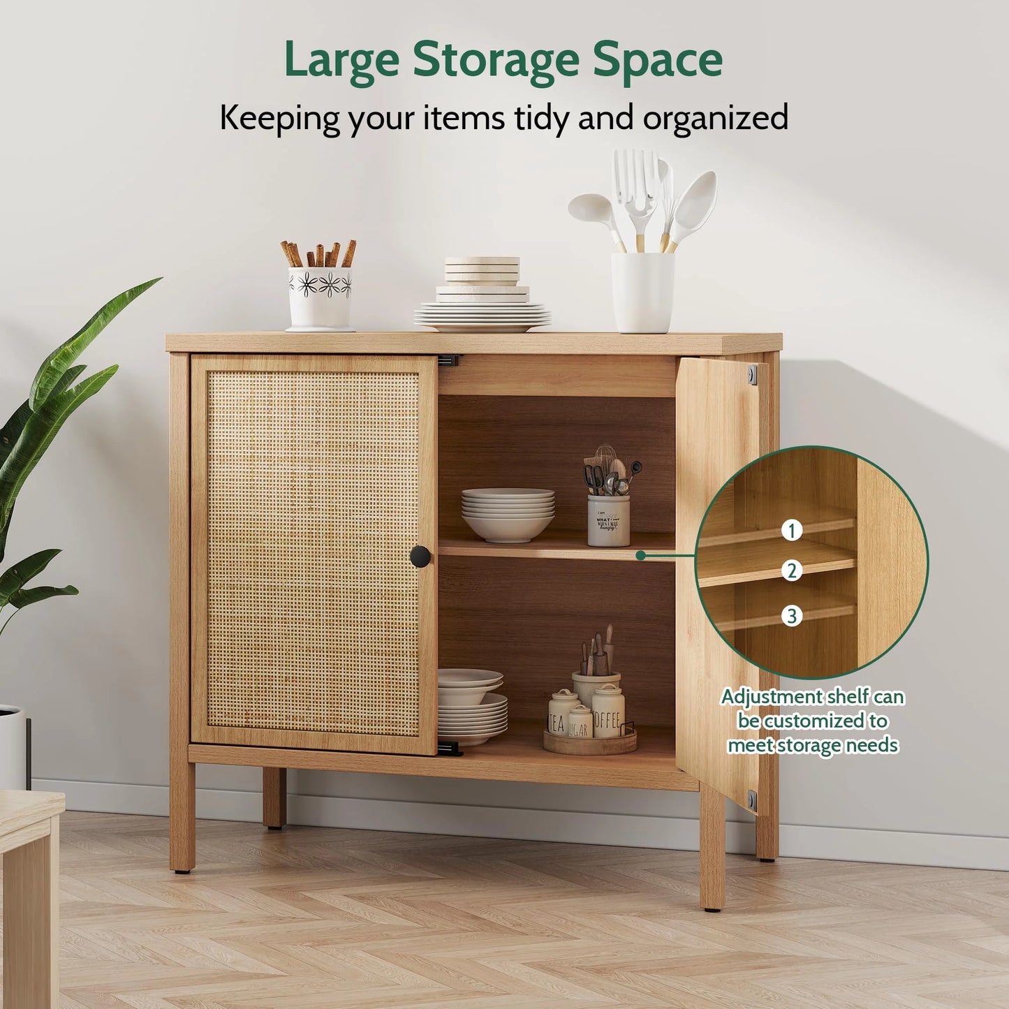 Brafabhome Rattan Cabinet with Adjustable Shelves, Sideboard Buffet Cabinet with Storage, Accent Console Cabinet Credenza for Living Room Dining Room Entryway, Natural