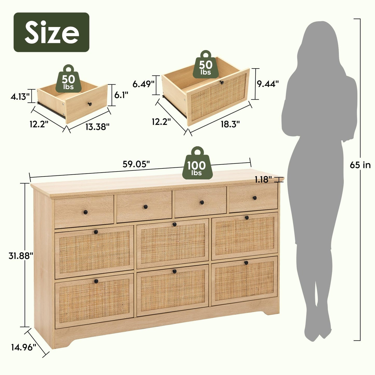 Brafabhome 7 Drawers Natural Rattan Dresser TV Stand Wooden Cane Dressers for Bedroom