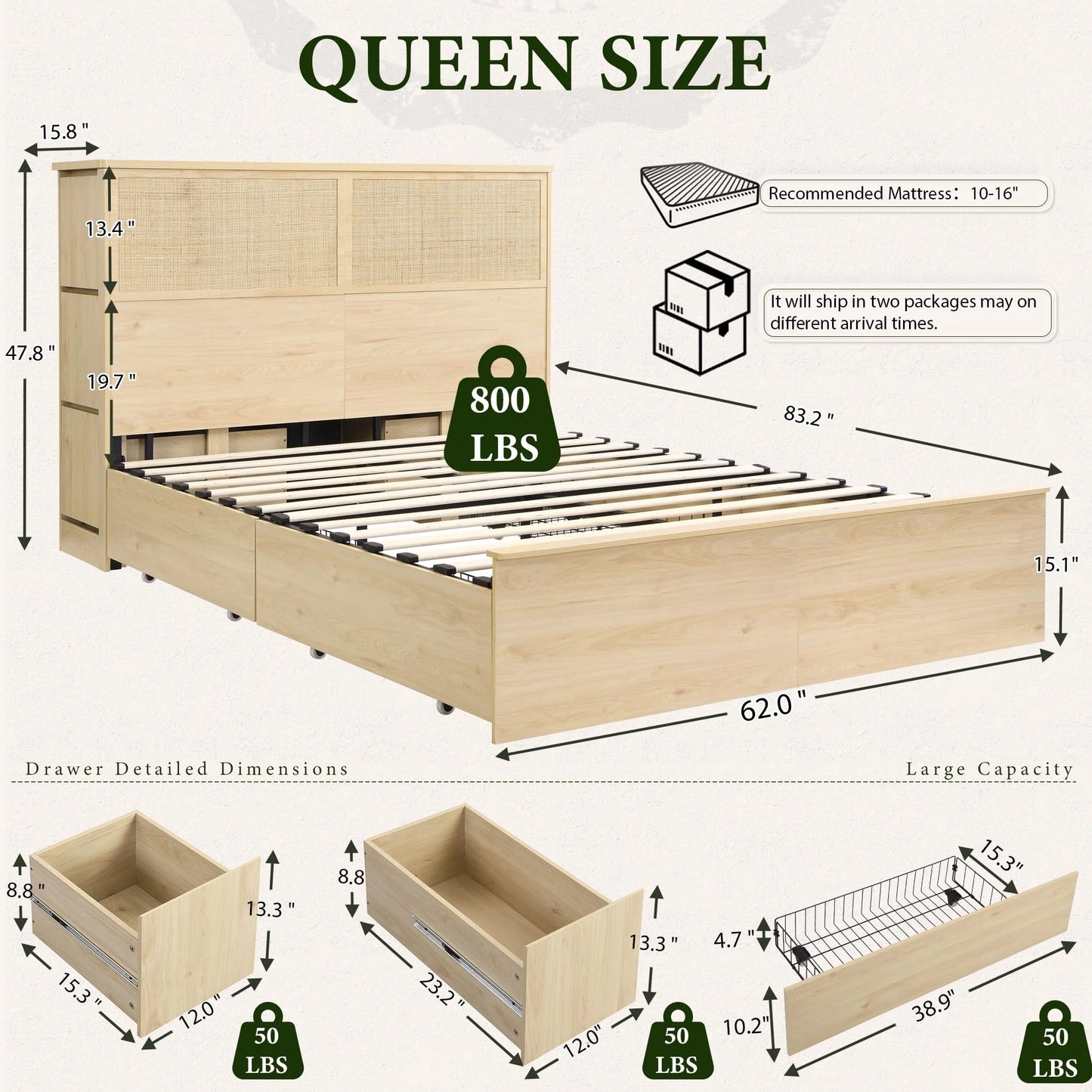Brafabhome Boho Rattan Queen Beds with Charging Station Headboard, Farmhouse Wood Bed Frames With 10 Storage Drawers for Bedroom Apartment Hotel, No Box Spring Needed