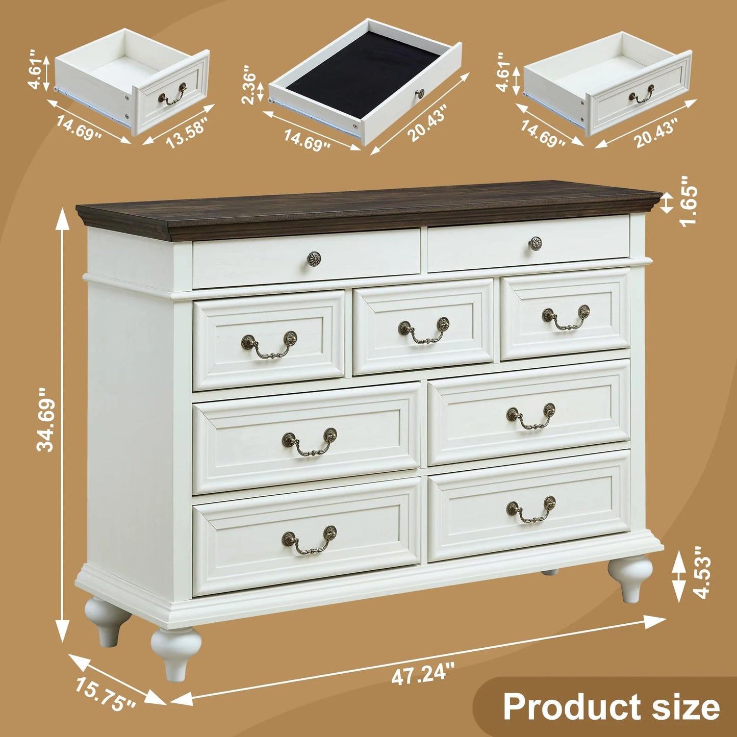 6 Drawer Dresser for Bedroom with Shelves Storage, 47'' Wide Farmhouse Thickened Wood Chest of Drawers, 35'' Tall Mid Century Modern Dressers Organizer for Living Room, Closet, Hallway