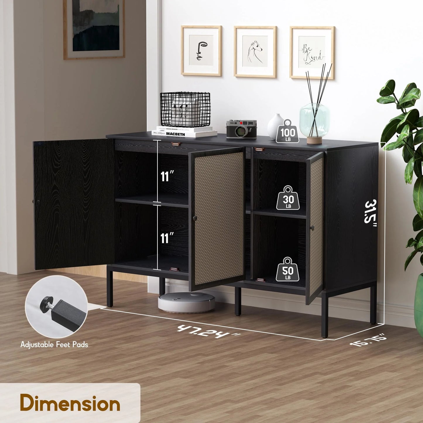 Brafabhome Sideboard Storage Cabinet with Handmade Natural Rattan Doors, Buffet Cabinet with Storage, for Living Room, Dining Room, Entryway, Kitchen