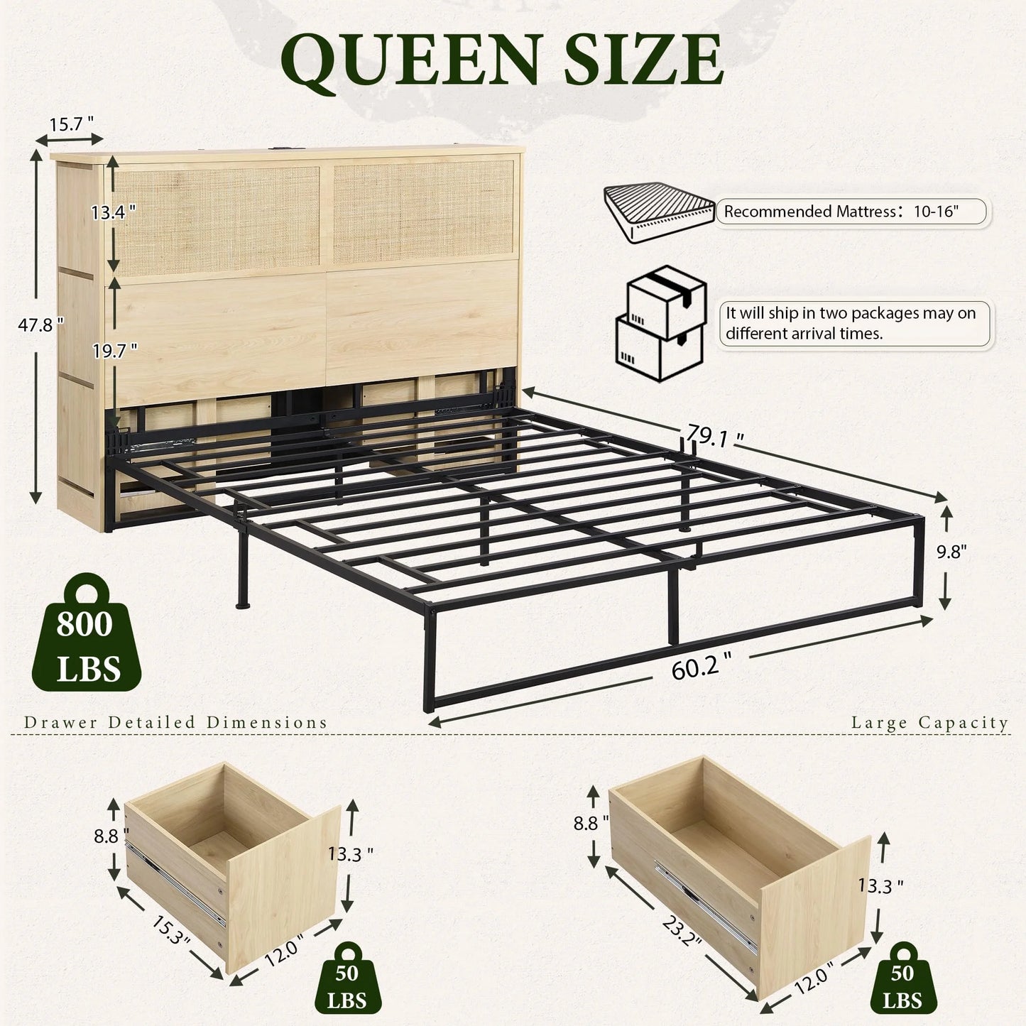 Brafabhome Boho Rattan Queen Beds with Charging Station Headboard, Farmhouse Wood Bed Frames With 10 Storage Drawers for Bedroom Apartment Hotel, No Box Spring Needed