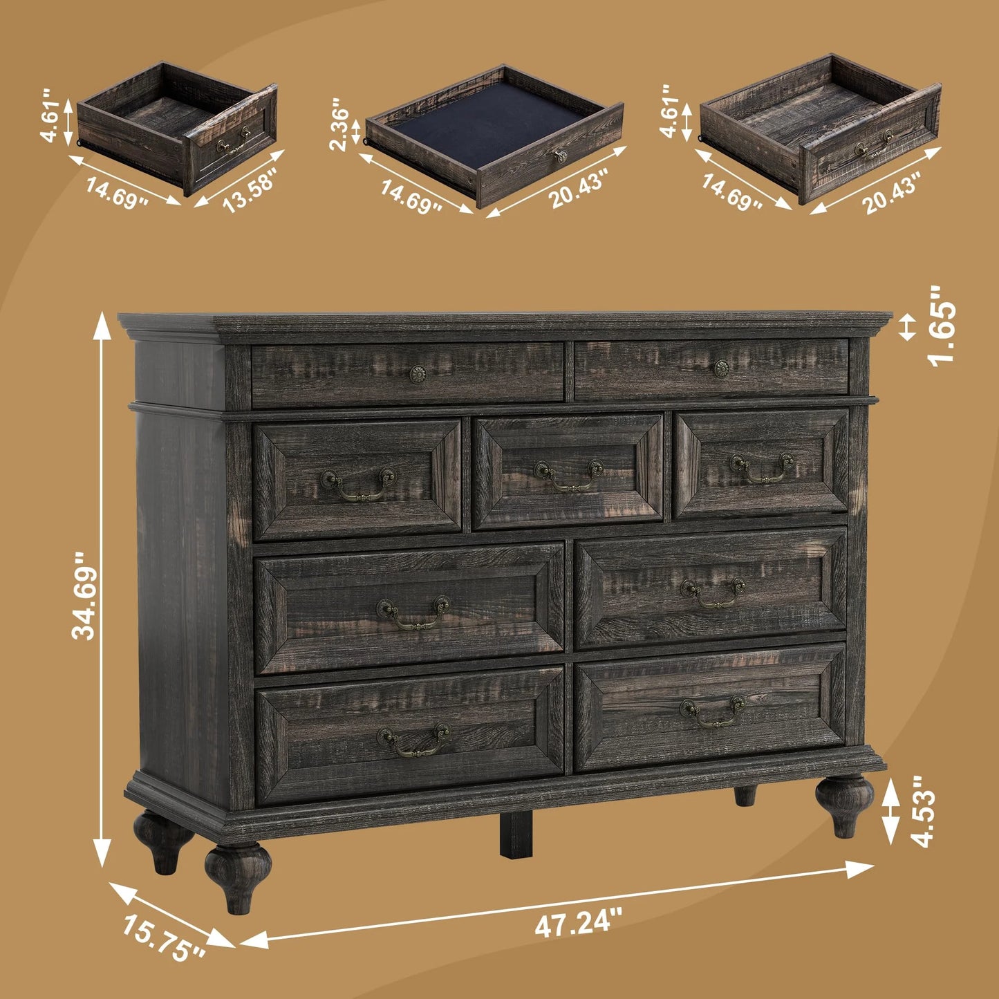 6 Drawer Dresser for Bedroom with Shelves Storage, 47'' Wide Farmhouse Thickened Wood Chest of Drawers, 35'' Tall Mid Century Modern Dressers Organizer for Living Room, Closet, Hallway