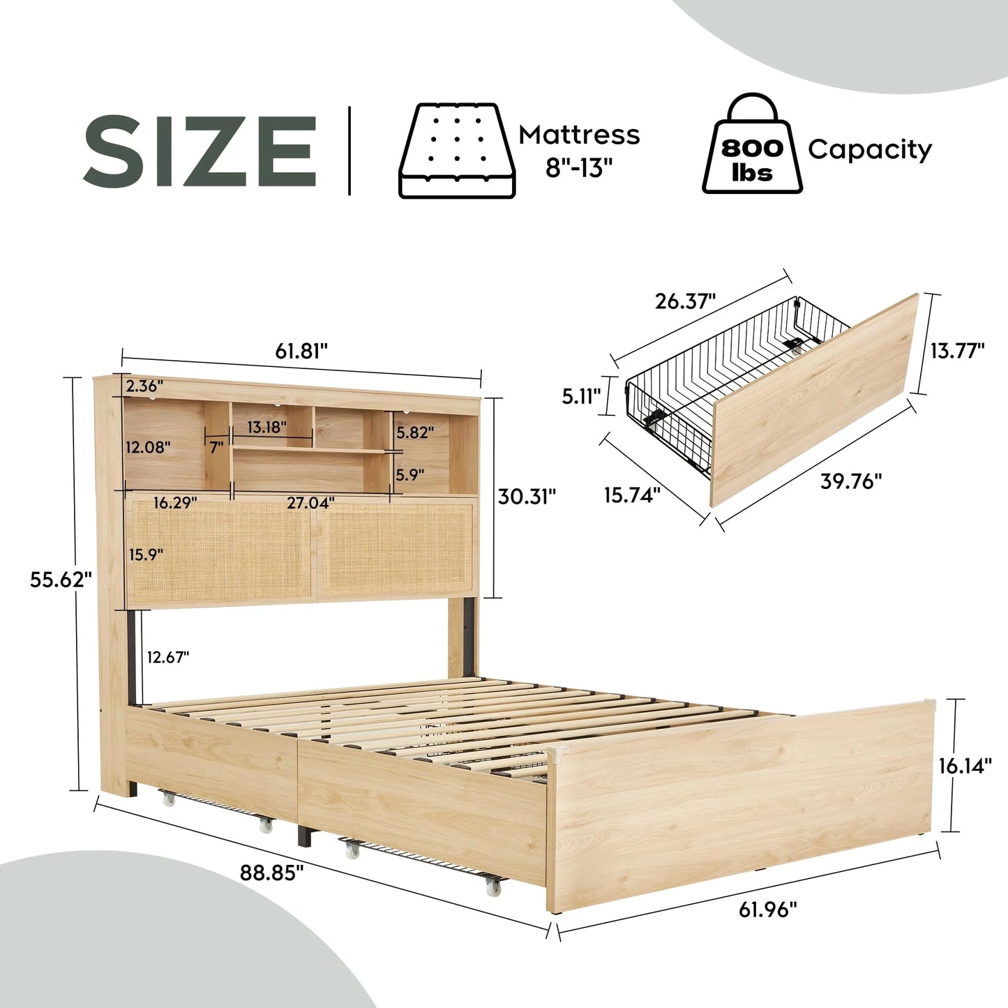 Brafabhome Boho Rattan Queen Beds with Charging Station Headboard, Farmhouse Wood Bed Frames With 10 Storage Drawers for Bedroom Apartment Hotel, No Box Spring Needed