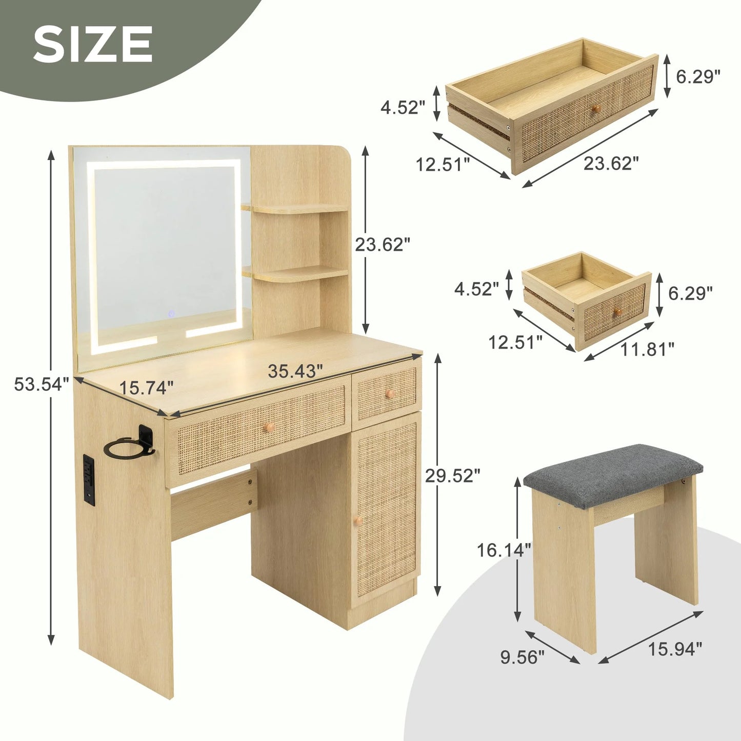 Brafabhome Vintage Boho Vanity Table Set with Adjustable Lighted Mirror and Stool, Modern Dressing Table Set with Drawers and Storage Shelves for Makeup Room Bedroom | Green