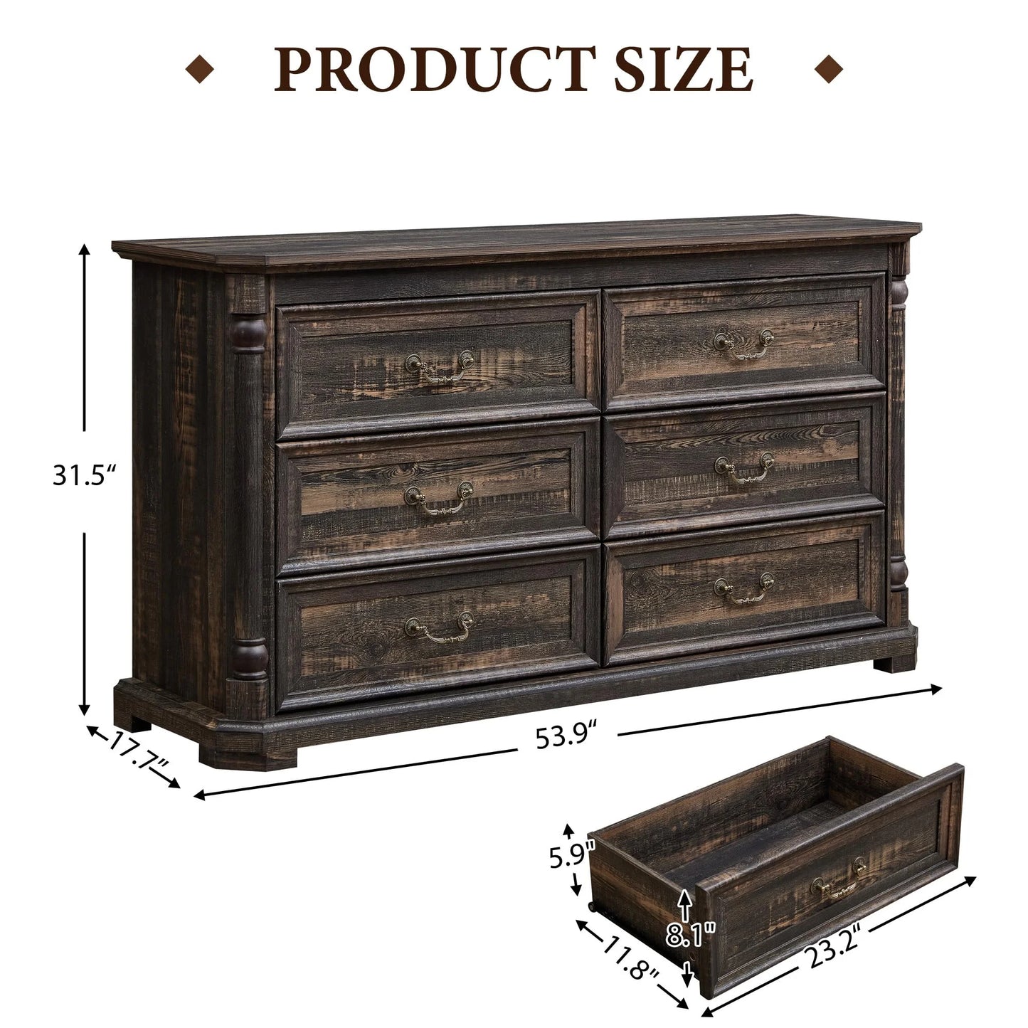 6 Drawer Dresser for Bedroom with Shelves Storage, 47'' Wide Farmhouse Thickened Wood Chest of Drawers, 35'' Tall Mid Century Modern Dressers Organizer for Living Room, Closet, Hallway