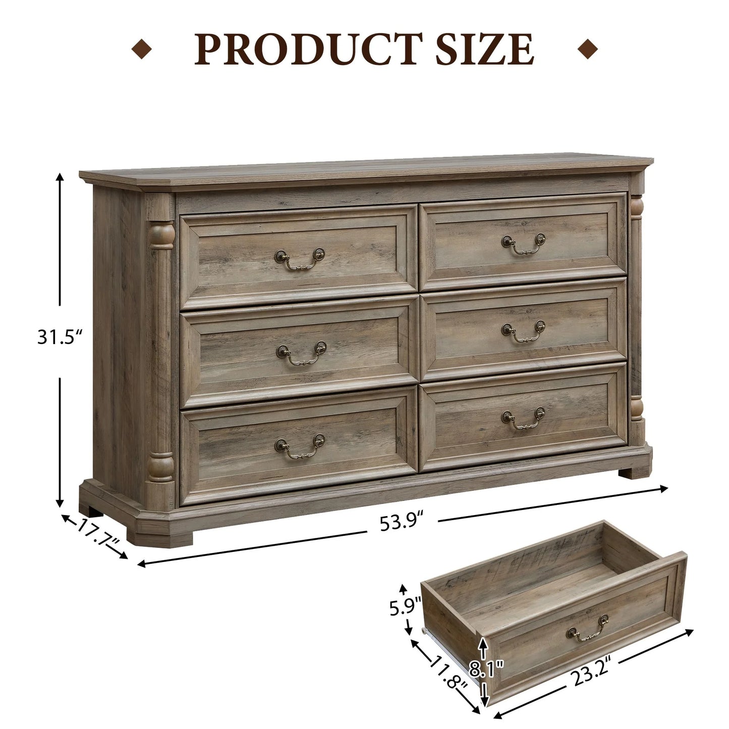 6 Drawer Dresser for Bedroom with Shelves Storage, 47'' Wide Farmhouse Thickened Wood Chest of Drawers, 35'' Tall Mid Century Modern Dressers Organizer for Living Room, Closet, Hallway