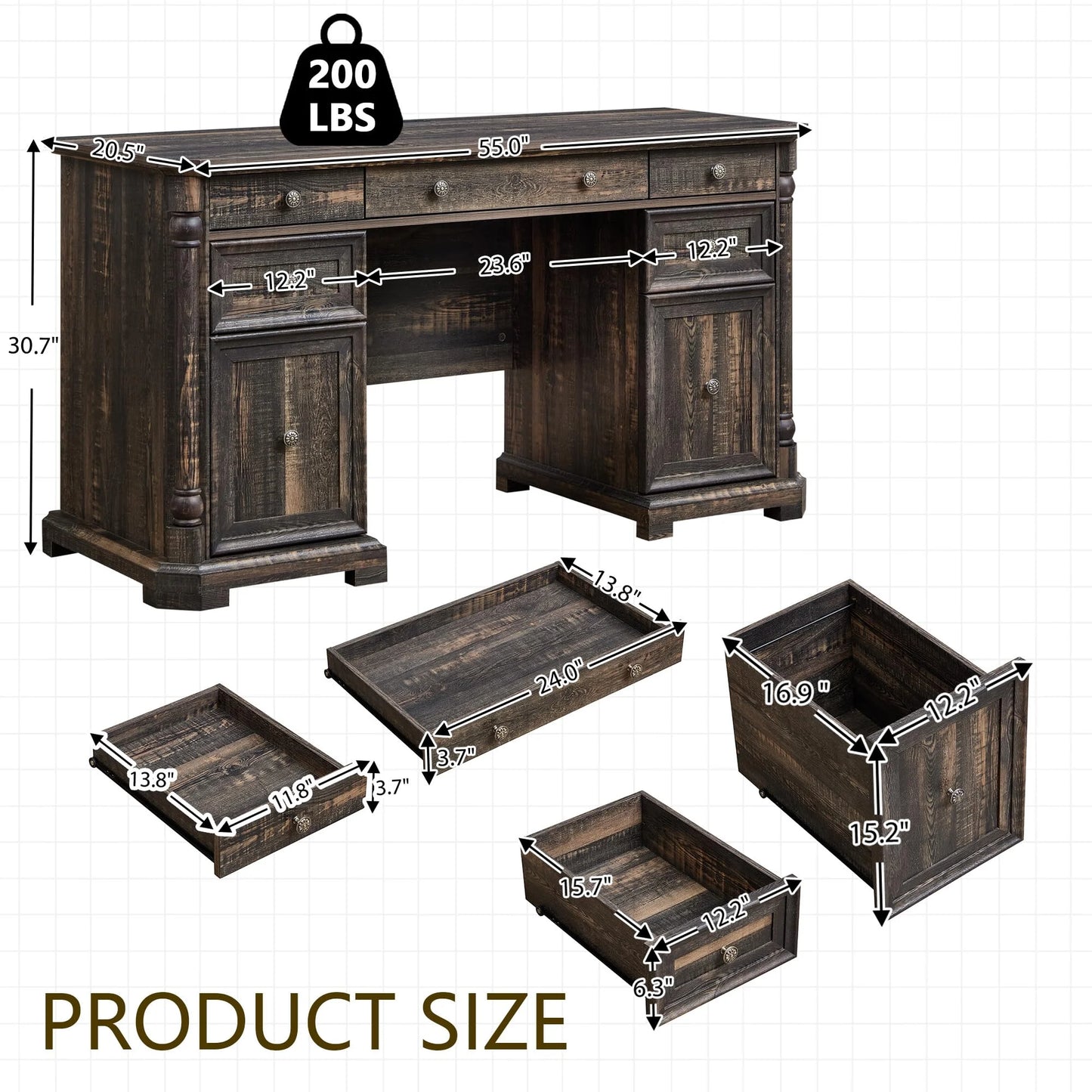 Brafabhome Executive Desk Computer Writing Desks with Charging Station, 55 x 20.5 in, Weathered Reclaimed Oak