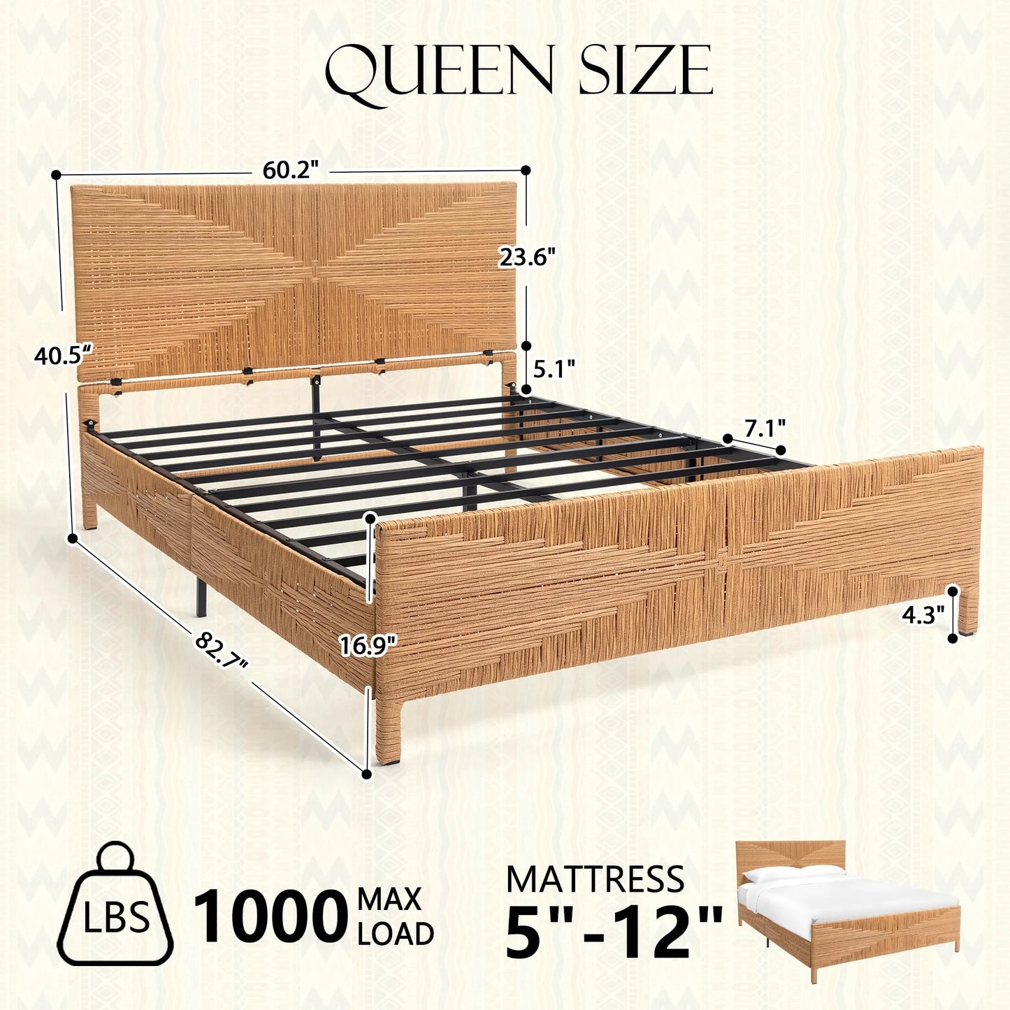 Brafabhome Rattan Queen Bed Frame with Headboard and Footboard