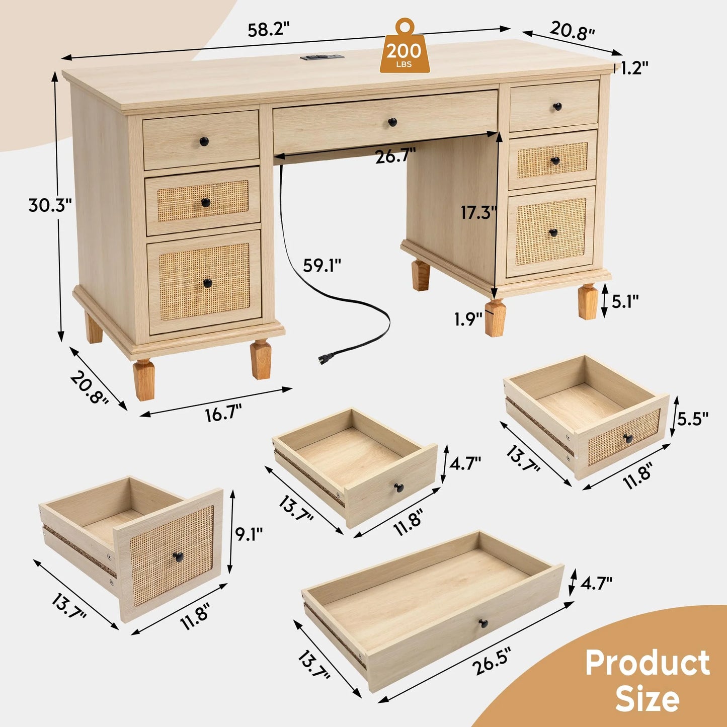 Brafabhome 58"Wood Executive Desk with 7 Storage Drawers Modern Natural Rattan Home Office Computer Desks with Charging Station
