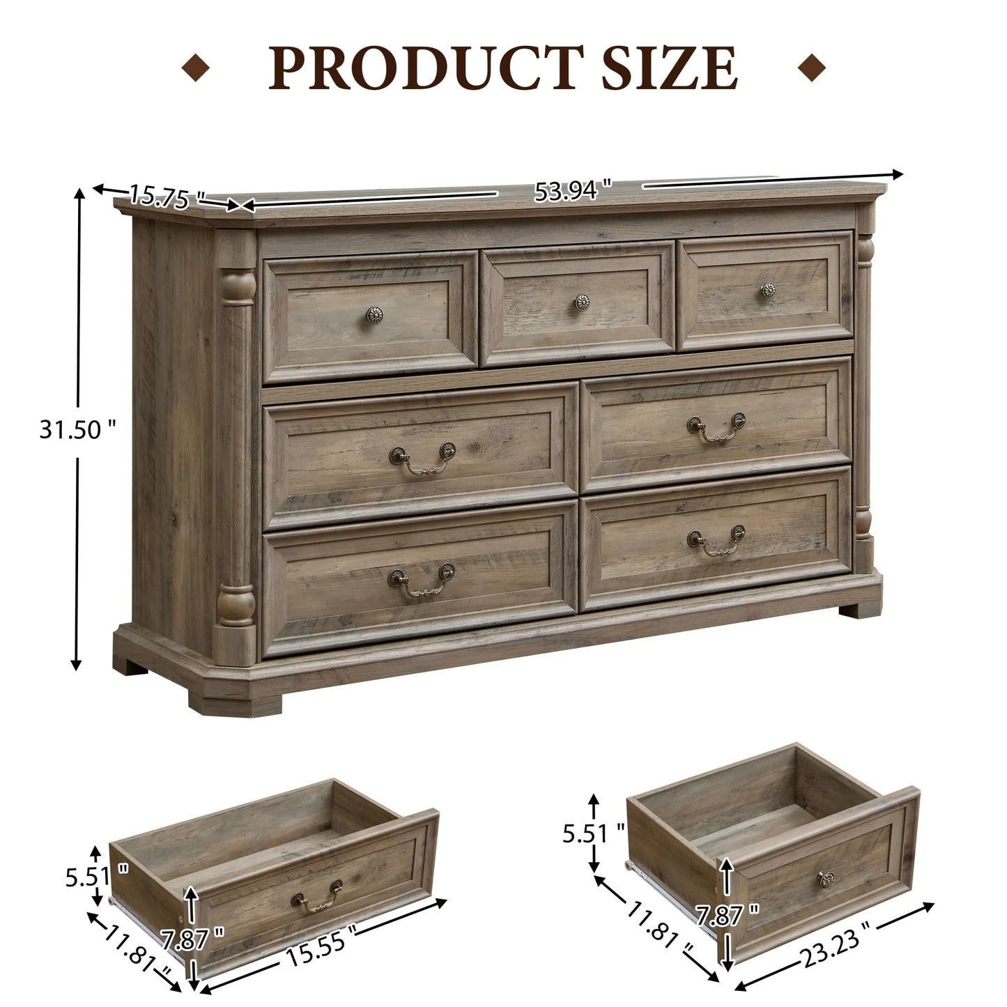 6 Drawer Dresser for Bedroom with Shelves Storage, 47'' Wide Farmhouse Thickened Wood Chest of Drawers, 35'' Tall Mid Century Modern Dressers Organizer for Living Room, Closet, Hallway