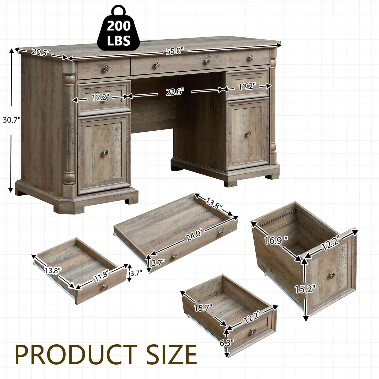 Brafabhome Executive Desk Computer Writing Desks with Charging Station, 55 x 20.5 in, Weathered Reclaimed Oak