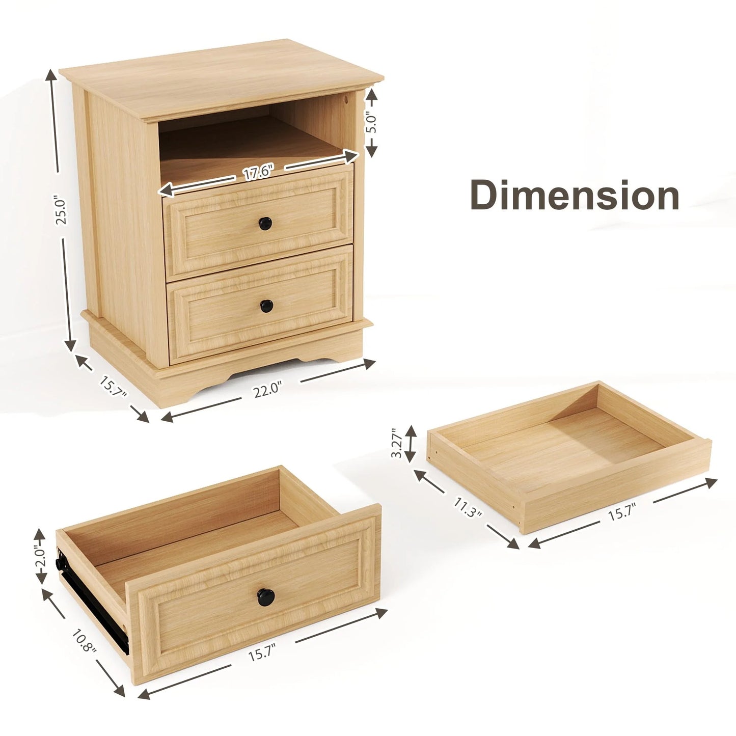 Brafabhome Farmhouse Mid Century Modern Nightstand, 2-Drawer 25" Tall Wood