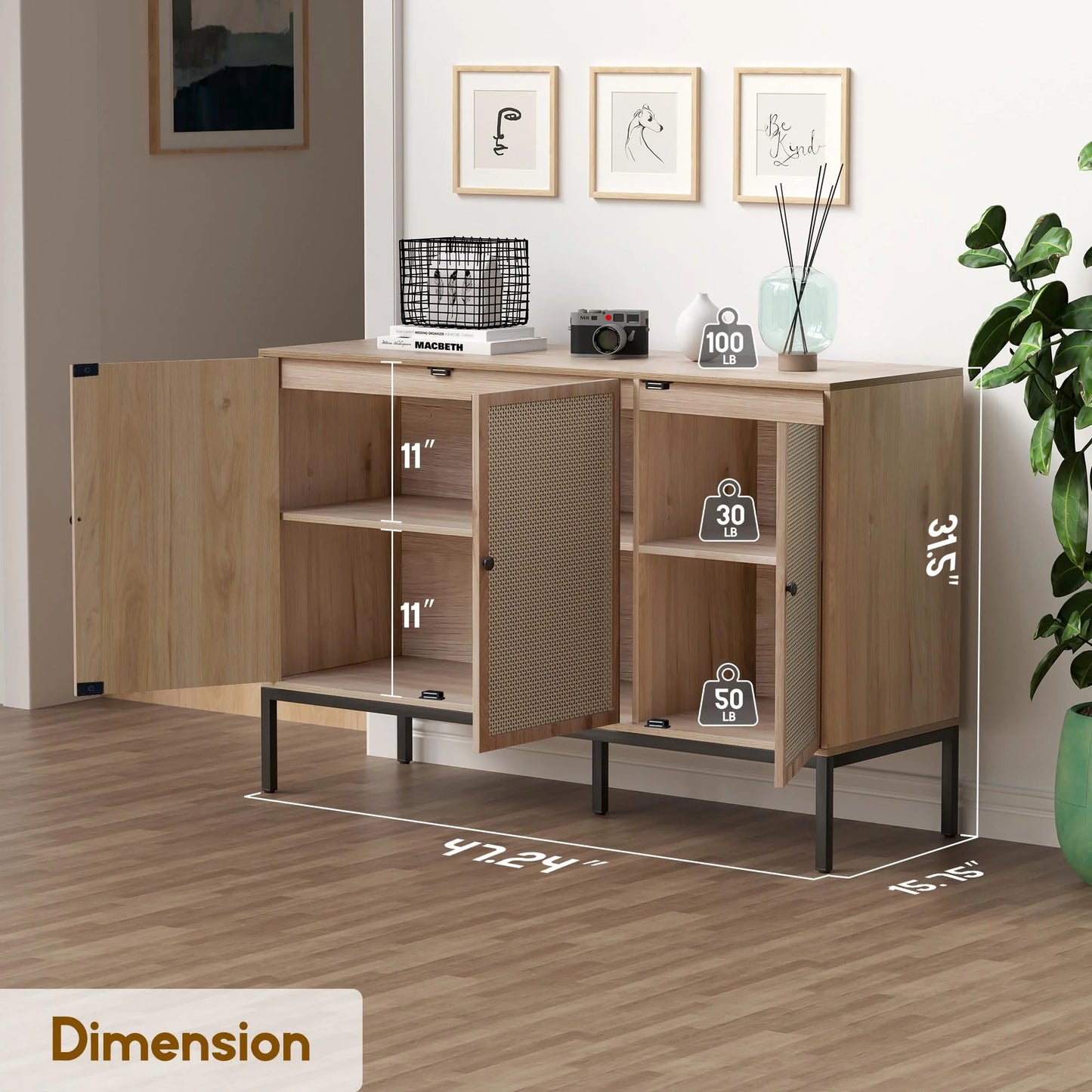 Brafabhome Sideboard Storage Cabinet with Handmade Natural Rattan Doors, Buffet Cabinet with Storage, for Living Room, Dining Room, Entryway, Kitchen