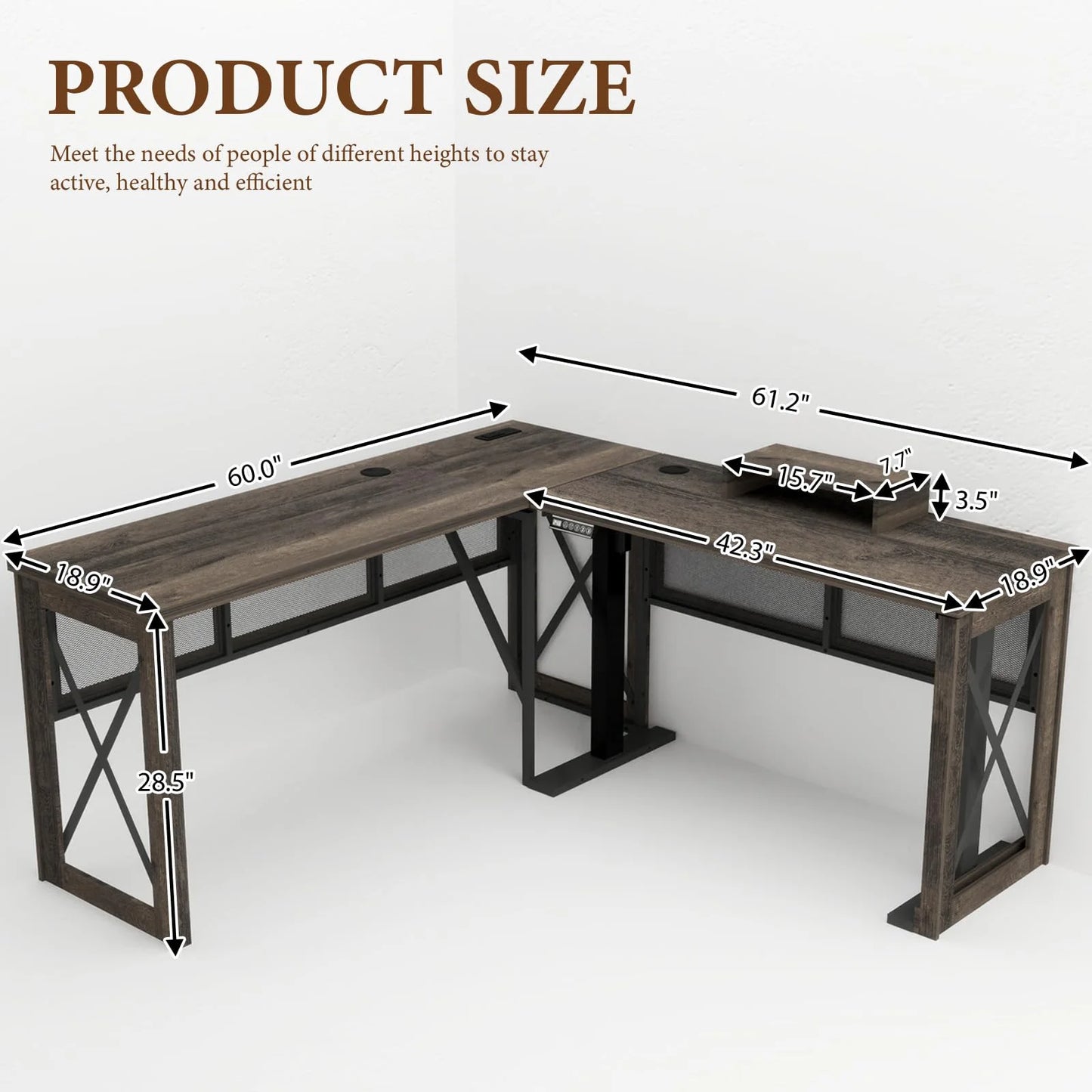 Brafabhome L Shaped Adjustable Standing Desk with Power Outlets, 61 Inch Electric Computer Desk for Work Office Home