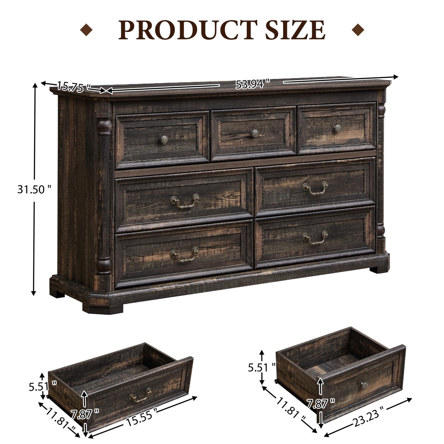 6 Drawer Dresser for Bedroom with Shelves Storage, 47'' Wide Farmhouse Thickened Wood Chest of Drawers, 35'' Tall Mid Century Modern Dressers Organizer for Living Room, Closet, Hallway