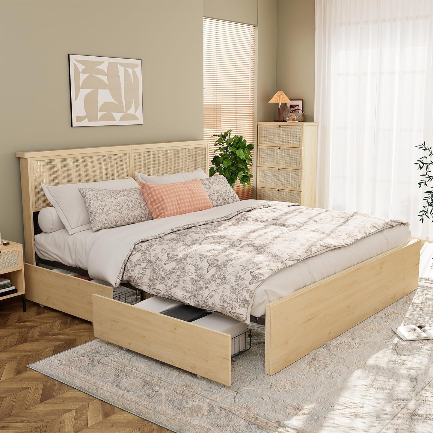 Brafabhome Rattan Bed Frames with Headboard, Wood Platform Bed Frame with 4 Storage Drawers, Mattress Foundation Noise-Free | Beige