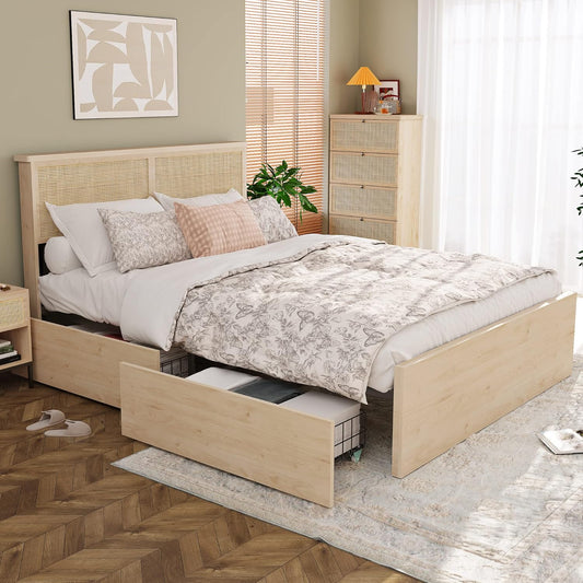 Brafabhome Rattan Bed Frames with Headboard, Wood Platform Bed Frame with 4 Storage Drawers, Mattress Foundation Noise-Free | Beige