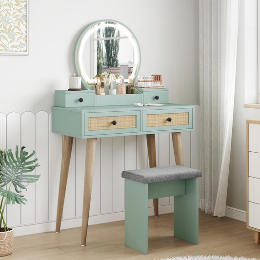 Brafabhome Vintage Boho Vanity Table Set with Adjustable Lighted Mirror and Stool, Modern Dressing Table Set with Drawers and Storage Shelves for Makeup Room Bedroom | Green