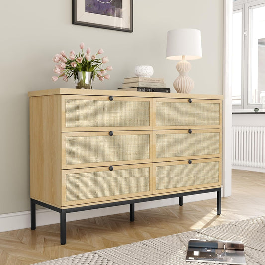 Brafabhome Mid-Century Modern Dresser with Hand-Woven Natural Rattan, Vintage Green Boho 6 Drawer Double Dresser with Wooden Legs