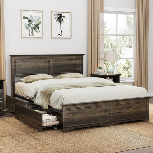 Brafabhome Mid-Century Wood Queen Bed Frame with 4 Storage Drawers, Rustic High Headboard Queen Size Platform Bed Frame for Bedroom Hotel Apartment, No Box Spring Needed