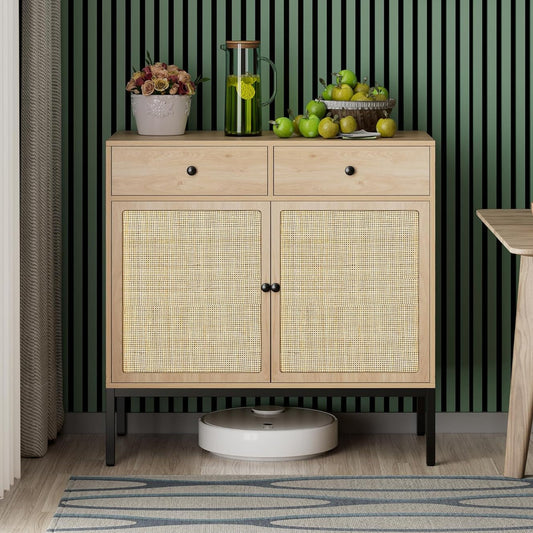 Brafabhome Sideboard Storage Cabinet with Handmade Natural Rattan Doors, Buffet Cabinet with Storage, for Living Room, Dining Room, Entryway, Kitchen