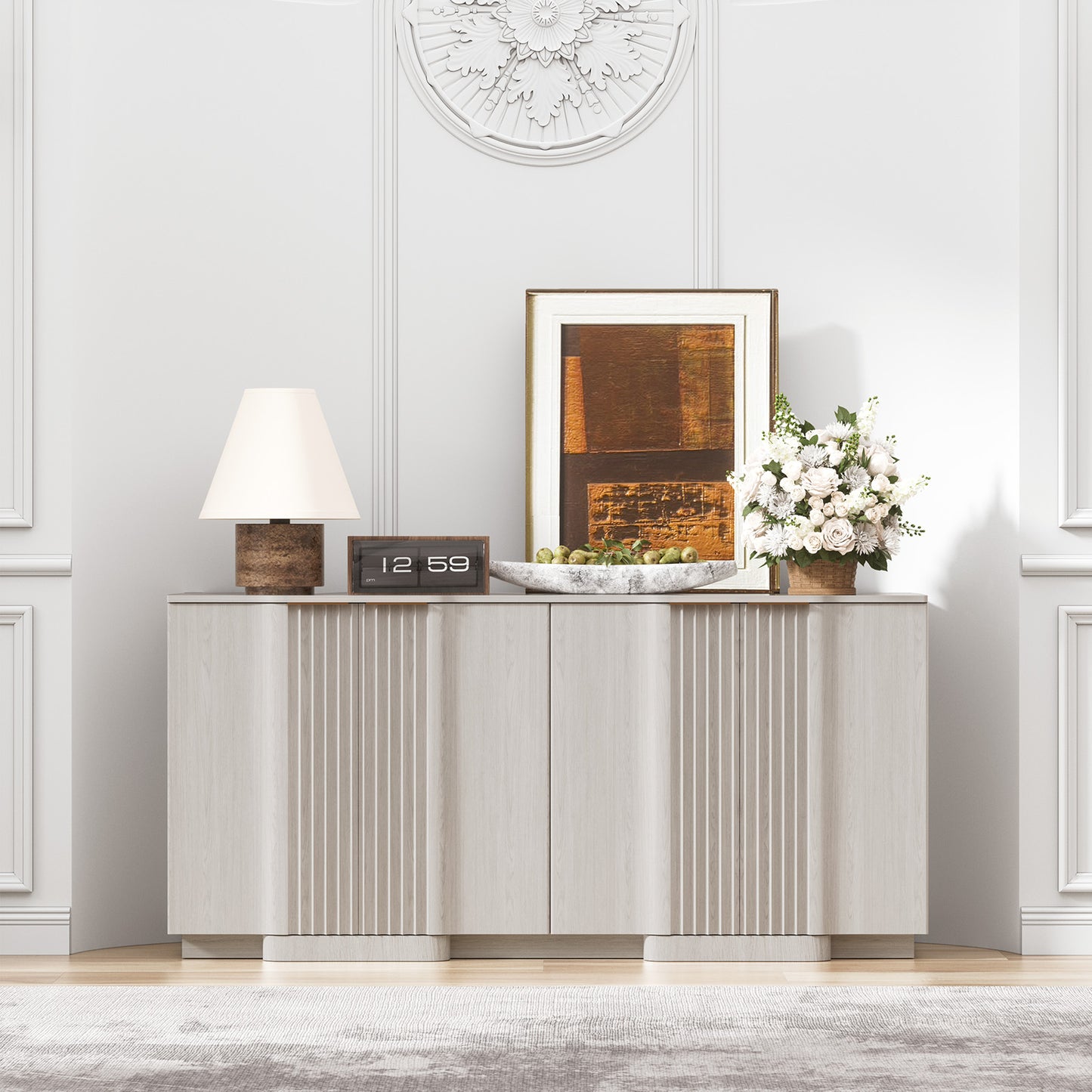 Brafabhome Fluted Buffet Cabinet with Storage, Accent Sideboard Credenza with Adjustable Shelves, Modern Curved Media Console Coffee Bar Table for Living Kitchen Dining Room