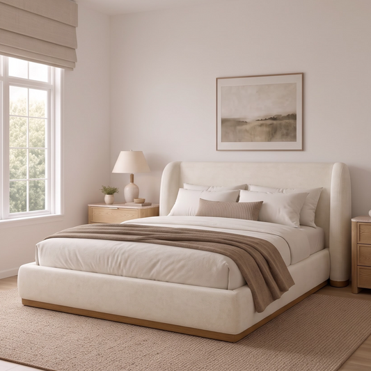 Brafabhome Cloud Bed Frame with Sculpted Wingback Headboard, Upholstered Platform Bed Frame with Wood-Grain Leather-Look Contrast, No Box Spring Needed, Easy Assembly
