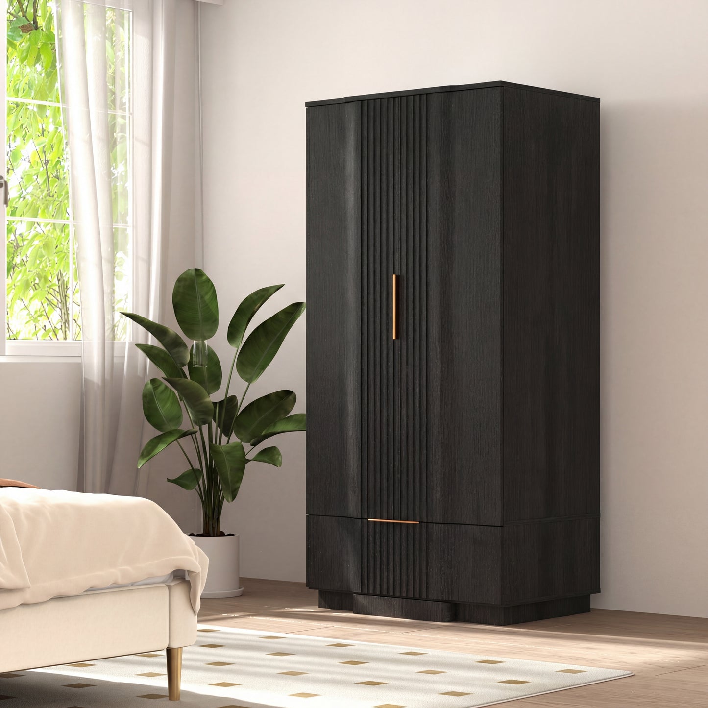 Brafabhome 67" Fluted Armoire Wardrobe Closet with Drawer, Wooden Fluted Doors Wardrobe Cabinet with Adjustable Shelf for Bedroom
