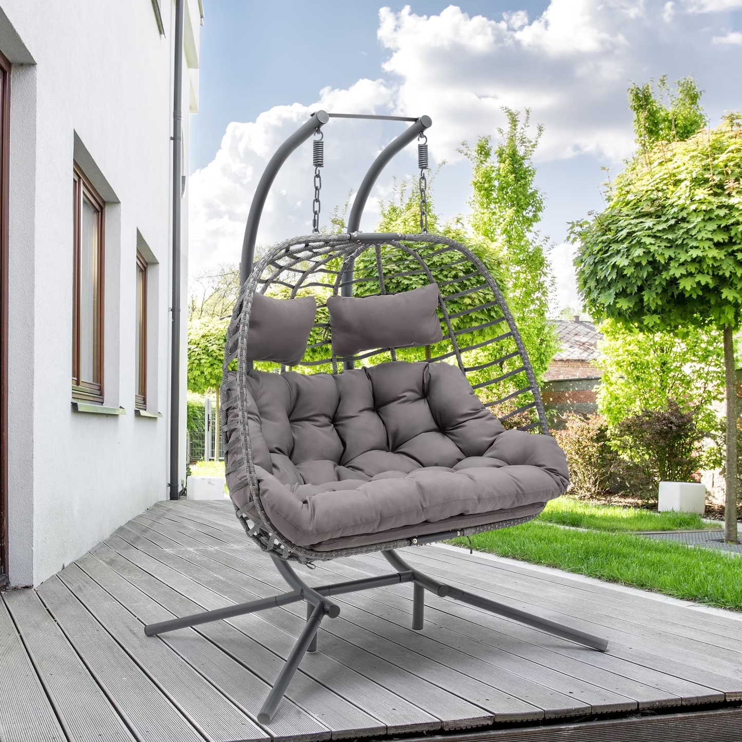 Brafab Double Wicker Swing Egg Chair Hammock Foldable Hanging Loveseat with Stand and Removable Fluffy Cushions, 450LBS Capacity for Bedroom, Balcony, Yard