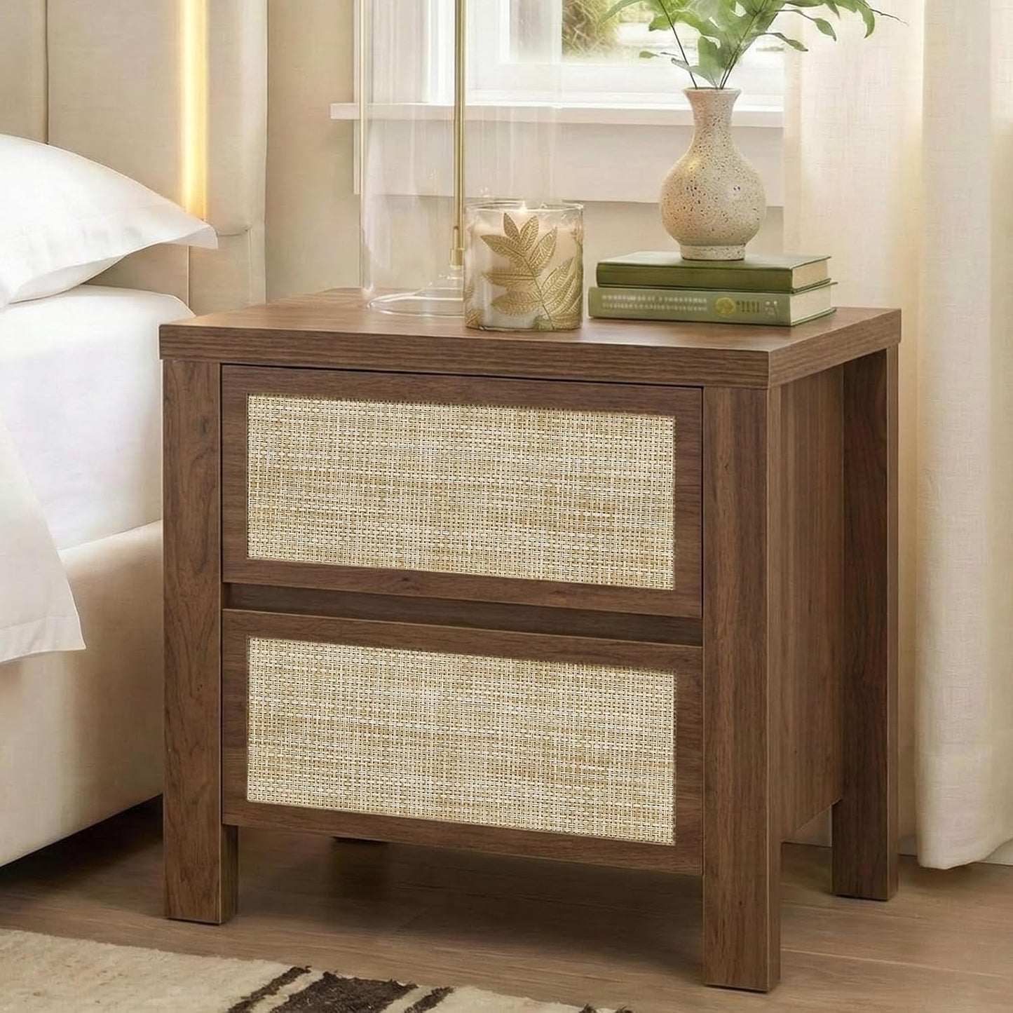 Brafabhome Modern Nightstands with Fast Charging Station, Rattan Storage Bedside Tables Night Stand with Drawers for Bedroom Living Room