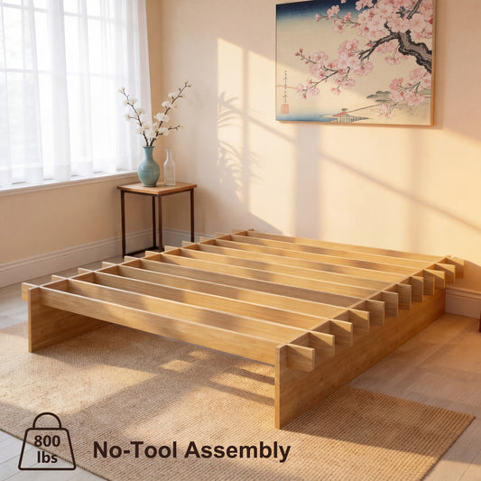 Brafabhome Bed Frame with Wood Slat Support, Joinery Wood Platform with 8" Under-Bed Storage, No Box Spring Needed, No-Tool Assembly, Natural