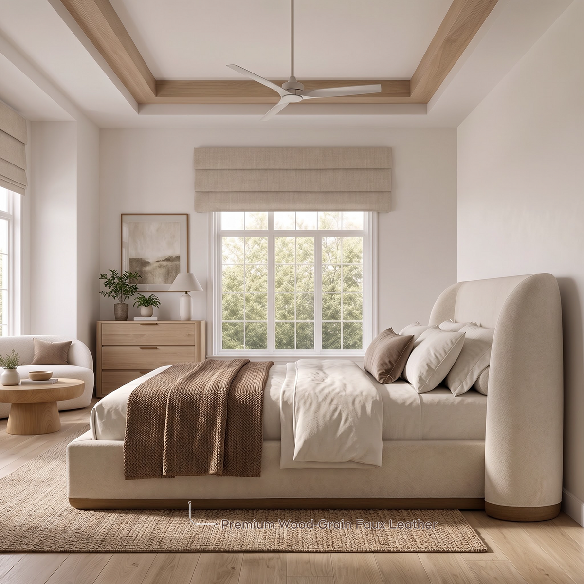 Brafabhome Cloud Bed Frame with Sculpted Wingback Headboard, Upholstered Platform Bed Frame with Wood-Grain Leather-Look Contrast, No Box Spring Needed, Easy Assembly
