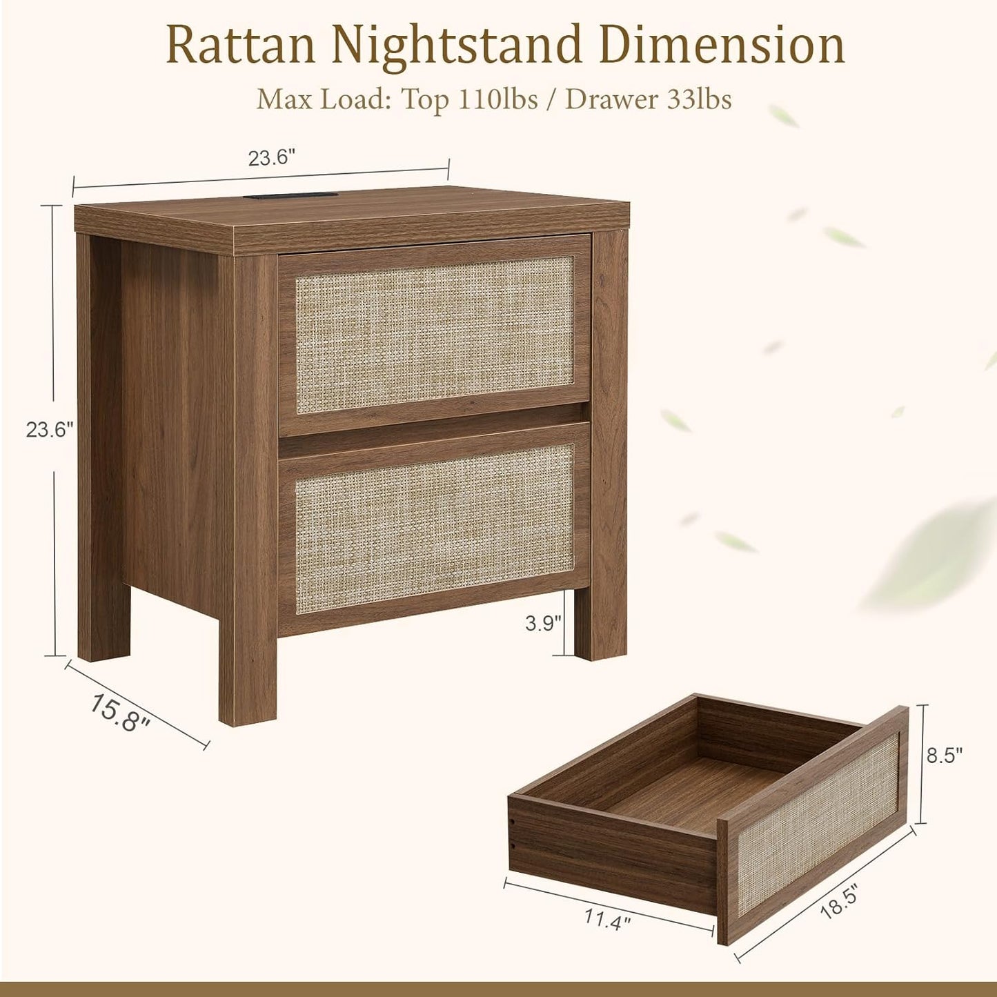 Brafabhome Modern Nightstands with Fast Charging Station, Rattan Storage Bedside Tables Night Stand with Drawers for Bedroom Living Room